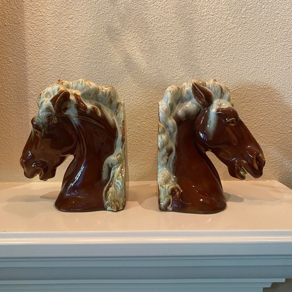 Vintage Ceramic Horse Head Bookends  Brown & Cream Glaze  Mid-Century Pair